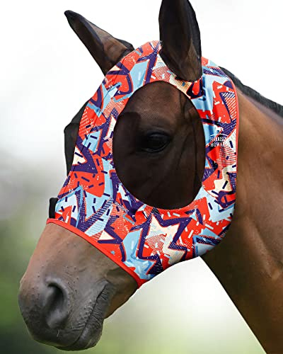 Harrison Howard Elasticitet häst flugmask utmärkt komfort med UV-skydd standard häst flugmask för häst-orange geo-tryck