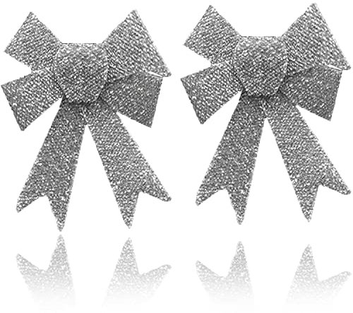 AKH® 6.5 x 6 Sparkling Christmas Glitter Tinsel Bows | Pack of 2 Xmas Bows | Tinsel Effect Christmas Bow Luxury Hanging Indoor Outdoor Christmas Tree Decoration Bows | Twist Tie On (Silver)