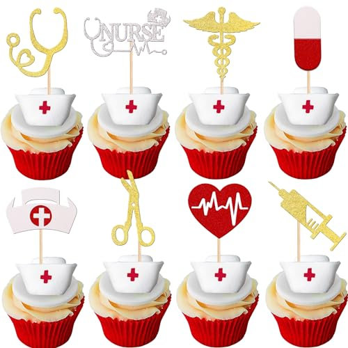 32 Stück Krankenschwester-Cupcake-Topper Glitzer Nursing School Graduation Cupcake Picks Medical Rn Nurse Grade Thema Geburtstag Babyparty Party Kuchen Dekorationen Zubehör