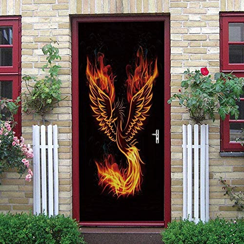 GSKBDQ 3D Türaufkleber Für Innentüren 90X200Cm Flamme Phönix Schwarzer Vogel Selbstklebende Türposter Wandbild Wasserdichte Wandtattoo Pvc Türfolie Tapete Schlafzimmer Badezimmer Küche Home Deko