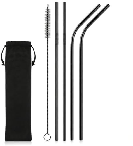 iShop Cannucce riutilizzabili in metallo – Set di 4 cannucce nere Premium – Cannucce in acciaio inox con spazzola per la pulizia ecologiche FDA BPA Free – Custodia da viaggio in velluto ideale per