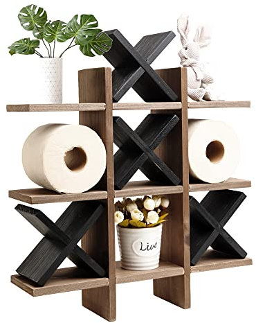 GENMOUS Handmade Tic Tac Toe Toilet Paper Holder Stand with 4pcs Wooden X, Funny Wall Mounted Toilet Papers Storage with Shelf, Farmhouse Paper Roll Storage for Guest Bathroom or Toilet Décor