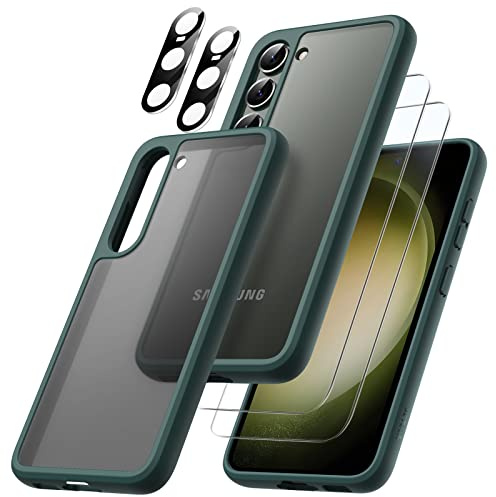 JETech 5 in 1 Matte Case for Samsung Galaxy S23+ Plus 6.6-Inch with 2 Screen Protector and 2 Camera Lens Protector, Translucent Back Protective Phone Cover, Tempered Glass Film (Midnight Green)