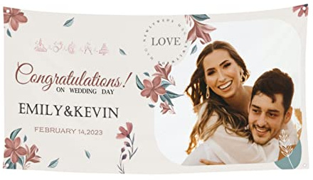 Naispanda Personalisiertes Hochzeitstag Banner, Hochzeitsbanner Poster, Benutzerdefinierter Jahrestags Banner Poster Hintergrund für Brautpaar - 180 x 90 cm (70 x 35 Zoll), Polyester, Weiß