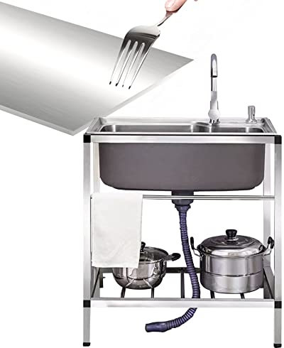 WORDFUN Lavello da Cucina Indipendente, Lavello A Vasca Singola in Acciaio Inox, Lavelli Commerciale Autoportante, Lavatoio da Giardino Campeggio, Lavello per La Casa, Mobiletto per Esterno