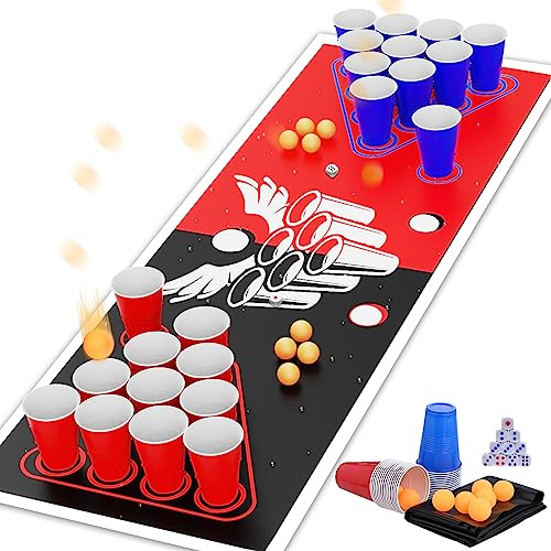 Faburo Beer Pong Set, Drinking Games for Adults, Beer Pong Game Set 16oz Blue &Red Plastic Beer Pong Cups and Balls for American Party Games,Birthday Parties and Office(30 Cups,8 Balls,10 Dices,1 Mat)