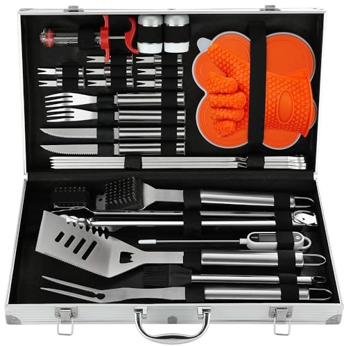 N NOBLE FAMILY 30Pcs Set Accessori Barbecue in Acciaio Inox di Alta Qualità - Attrezzi Barbecue Professionali - Set Barbecue Vari e Completi - Kit Barbecue All'Aperto per Uomini Donne