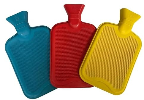 Pack of 3 Hot Water Bottles - Natural Rubber 2 Litre Capacity - 3 Colours in Pack (Blue, Red & Yellow Pack)