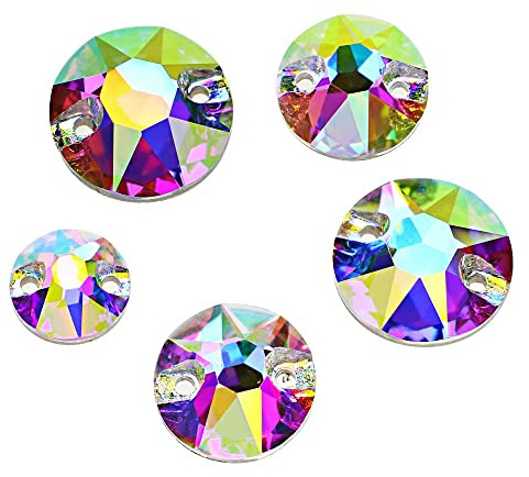 DONGZHOU Lot de 81 Strass Ronds en Cristal AB à Coudre - Dos Plat Avec 2 Trous - Pour Vêtements, Travaux Manuels, Couture, Chaussures, Décorations DIY