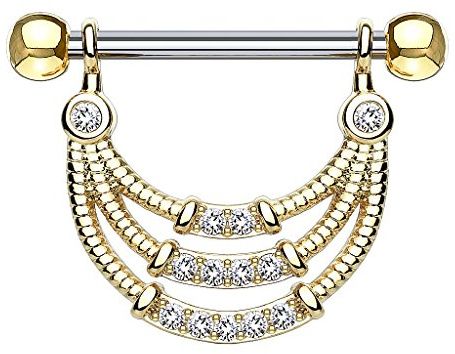 Taffstyle Piercing Schmuck Brustwarzenpiercing Brustwarze Intimpiercing Brust Nippel Intim Ohr Ohrpiercing Barbell gerade Hantel Stab mit Glitzer Kristall Anhänger Filigran Triple Seil Gold