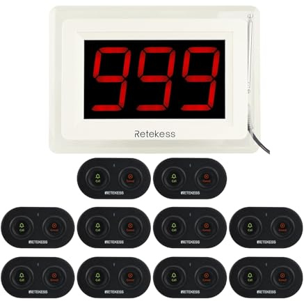 Retekess T114-TD036 Pager Rufsystem, Drahtlose Pager System für Senioren, 2-Wahl-Rufabbruch, 6 Sprachansagen, 6 Arbeitsmodi für Krankenhauskliniken