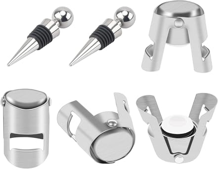 Sanrolax 6 Stück Weinflaschenverschlüsse 2 Stile Edelstahl Champagner Stopper und Kunststoff Weinverschluss Dichtung Schutz Champagner Bier Rotwein Stopper für Weinflaschen