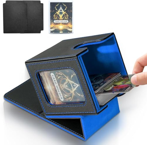 Jamiukro Boîte de jeu de cartes pour MTG Commander, boîte à cartes TCG, boîte de rangement magnétique en cuir PU pour cartes à collectionner, peut contenir 100 cartes à double pochette, noir et bleu