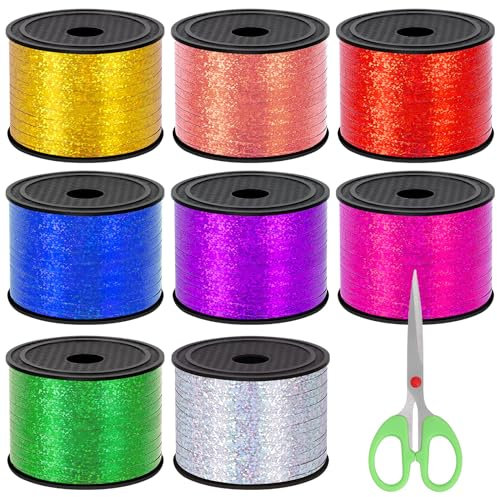 Keadic Lot de 9 rubans à friser de 8 couleurs avec cutter, 774 m de ficelle de ballon laser, ruban métallique brillant pour emballage cadeau d'anniversaire, mariage, décoration de fête