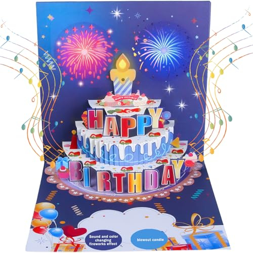 Geburtstagskarte,pop up karte geburtstag 3D Licht und Musik Geburtstagskarten Ausblasbare geburtstagskerze birthday card für Frauen Männer Kinder Mädchen Freundin mit Umschlägen