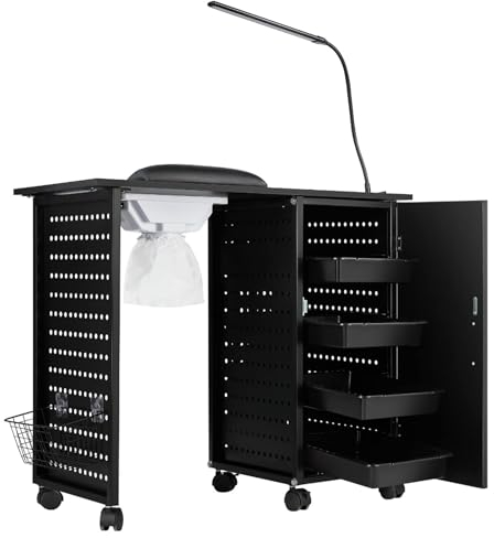 COYEUX Tragbare Nagel-Schreibtisch-Arbeitsstation, mit Nagelstaubsauger, LED-Lampe und Kunden-Handgelenkpolster, für Make-up-Salon-Reise-Kosmetikwagen