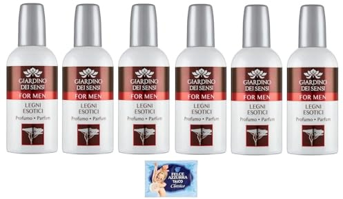 6x Giardino dei Sensi Profumo For Men Legni Esotici, Profumo da Uomo intenso e Originale 100ml + 1 Confezione di Talco Felce Azzurra in omaggio, Busta da 100g