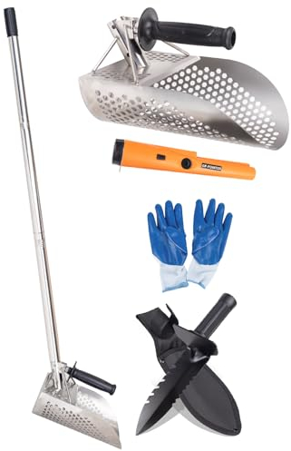 WodGod Heavy Duty Stainless Steel Sand Scoop for Metal Detecting with Long Handle, Includes Metal Detecting Pinpointer, Shovel, Gloves (Orange)