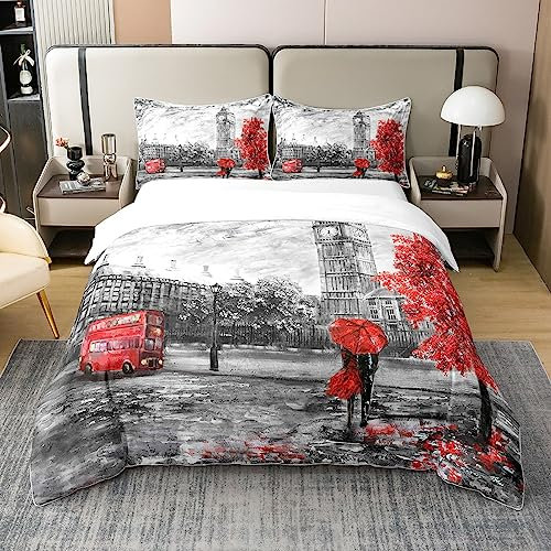 Loussiesd Groß Ben 100% Baumwolle Bettwäsche Set 155x220cm Kinder London Romantisches Paar Betten Set Weiche Atmungsaktive Bettbezug Set Grau Rot Doppeldecker Bus Bettwäsche Chic Schlafzimmer Dekor