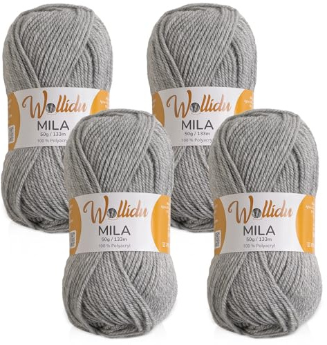 Wollidu Mila garn för virkning och stickning 4 x 50 g/133 m stickgarn 100 % polyakryl virkgarn ljusgrå