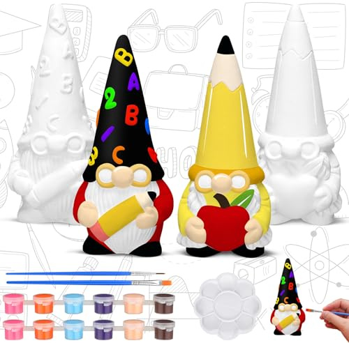 Seenelling 2 Pack Teacher Gnome Ready to Paint Your Own Statues 4'' DIY Unpainted Ceramics Figurines Kit Blank Paintable Ceramics Art and Crafts Decorations