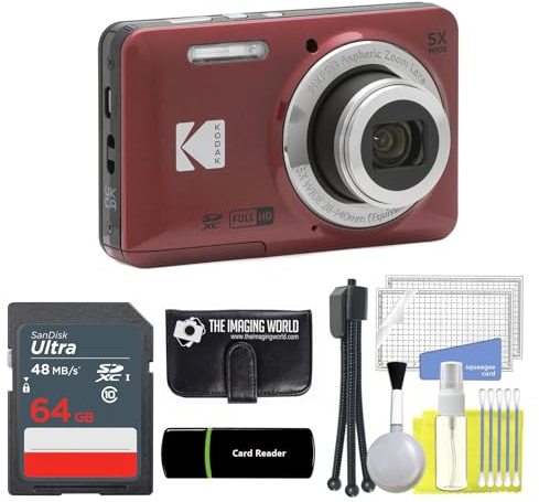 Kodak PIXPRO FZ55 - Cámara digital roja de 16 MP, zoom óptico 5X, 28 mm, gran angular, 1080P, video Full HD, cámara LCD de 2.7 pulgadas + tarjeta y lector de 64 GB + cartera de memoria + trípode +