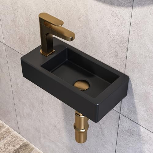 DeerValley Vasque Lave Main Mini Meuble Lavabo suspendu en céramique pour salle de bain Noir Mat en Céramique pour Petit Espace (Main Gauche)