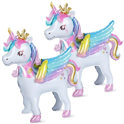 2 Stück Aluminiumfolie Luftballons, Stehendes Einhorn, Einhorn Helium Ballon mit Flügeln, Deko für Kindergeburtstage und Mädchen