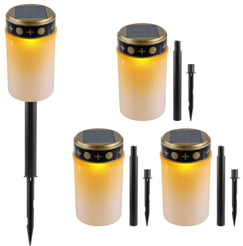 BORDEAG Solar LED Grablicht, 4 Stück Grablicht Solar, Outdoor Friedhofskerze mit Lichtsensor, Grabkerze Solar 12x7 cm, Solar-LED-Grablichter mit Erdspieß für Draußen Grabdeko (Weiß)