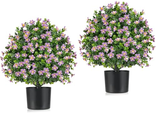TANGZON Artificial Topiary Trees Set of 2, Decorative Faux Boxwood Topiary Plant in Pot with Flowers, Tall Indoor Outdoor Fake Ball Plants for Home Garden Office (Purple Gardenia, 54cm)