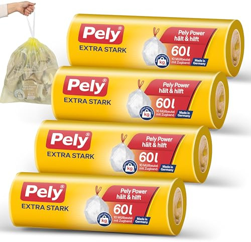 Pely Zugband Müllbeutel 60 Liter extra stark - Vorteilspack (4 x 10 Stück), gelb, für die Entsorgung von Restabfall