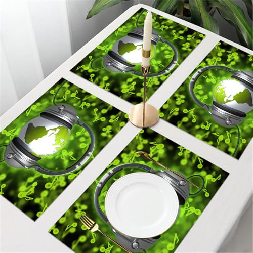 UREJD Tischsets Abwaschbar 4 Set,Vinyl Platzsets Abwaschbar für küche Speisetisch Hotel,Kaffeehaus,Festsaal,Platz-Matten,Welt, Welt der Musik, Komposition mit DJ-Kopfhörern, Musiknoten und de,30x45cm