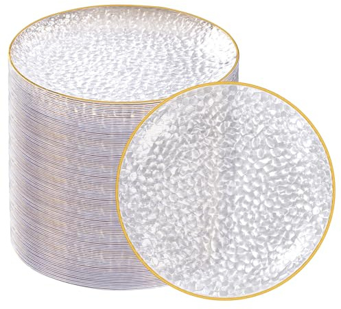 Rubtlamp 100 Pack Clear Gold Plastic Dessert Plates, 6Inch Clear Gold Small Appetizer Plates With Hammered, Heavy Duty Disposable Salad Plate, Elegant Cake Platos for Wedding, Birthday, Teatime