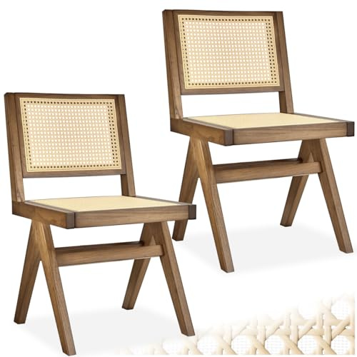 tectake® Set of 2 Dining Chairs in Mid-Century Modern Design, Accent Chairs with Solid Wood Frame & Viennese Wickerwork, Wooden Chair Set in Boho Style for Dining Room & Living Room - Light Brown