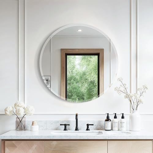 Warmiehomy 50cm Round Bathroom Mirror, Frameless Circle Wall Mounted Mirror with 1.5cm Beveled Edge for Bathroom, Living Room, Vanity and Entryways