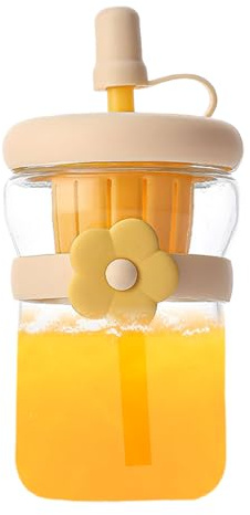 Gungtj Bouteille en verre – Bouteille en verre avec couvercles – Bouteille anti-fuite avec paille en silicone réutilisable pour thé, jus, lait, boissons froides, voyage, salle de sport, maison – 500