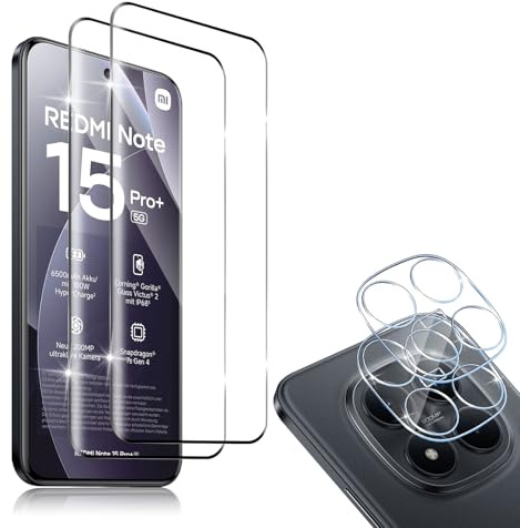 HidWee Cristal Templado Compatible con Xiaomi Redmi Note 15 Pro Plus 5G/ Poco M8 Pro, 2Pcs Protector de Pantalla [3D Cobertura Completa] + 2Pcs Protector de Lente Cámara, 9H Dureza HD Vidrio Templado