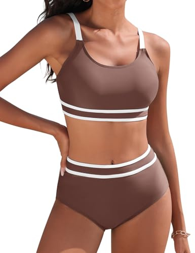 Yuson Girl Traje de Baño Mujer Conjunto de Bikini Push Up Patchwork de Rayas Bikinis Deportivo Cintura Alta Bikini Control de Vientre Bañador Reductor Bikinis Dos Piezas(Marrón Claro, XL)