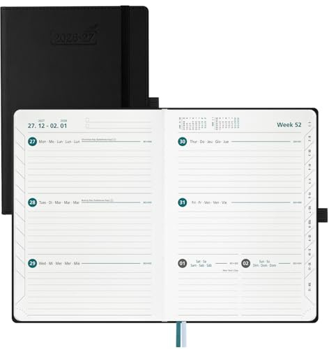 BEZEND Agenda Escolar 2026 2027 Semana Vista A5 Horizontal 15,5 x 21 cm | 18 Meses de Jul.26 a Dic.27, Agenda Semanal para Planificación Eficazde, Ideal para el Bolso, Tapa Dura Cuero PU - Negro