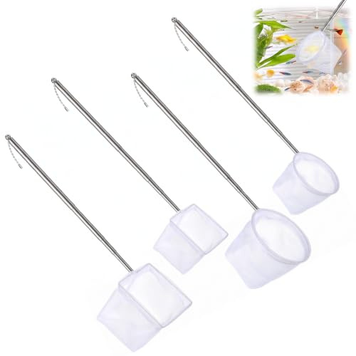 JIAC Lot de 4 Épuisette Aquarium pour Petit Filet d'aquarium avec Manche poignée Extensible en Acier Inoxydable Résille de Pêche Petit Filet d'aquarium Rondes/carrées pour Aquarium,Étang,Nettoyage