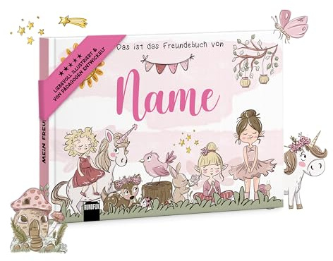Personalisierbares Freundebuch für Kinder, Platz für 20 Freunde, Thema Elfen, Einhorn und Feen, A5 Hardcover - Rundfux®