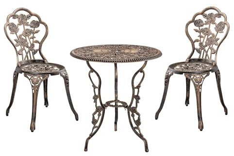 casa.pro Trädgårdsbord/bistro bord 60 cm, rund, brons med 2 stolar – franska trädgårdsmöbler i antik look för balkong/terrass – väderbeständigt bistro-set i gjutjärn som trädgårdsdekoration