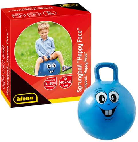 Idena 40094 Happy Face - Pallone per Saltare in Blu, Diametro ca. 45-50 cm, Portata Fino a 50 kg, Perfetto per Estate, Parco o Asilo