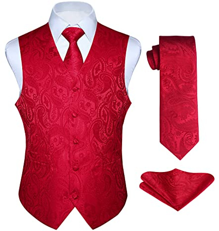 Enlision Gilet Uomo rosso Elegante Nozze Paisley Panciotto Jacquard Gilet da Abito Cravatta e Fazzoletto Set per Festa Sposa XXL