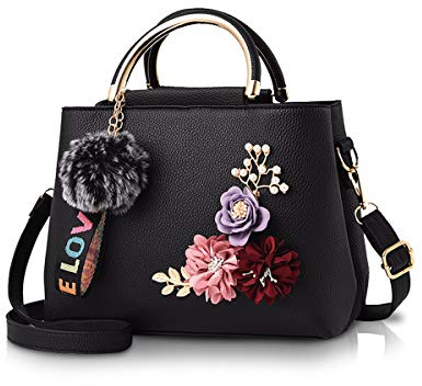 NICOLE & DORIS Damen Leder Handtasche Umhängetaschen mit Blume Jahrgang Griff Tasche Designer Tote Geldbörse mit Pom Pom Schwarz