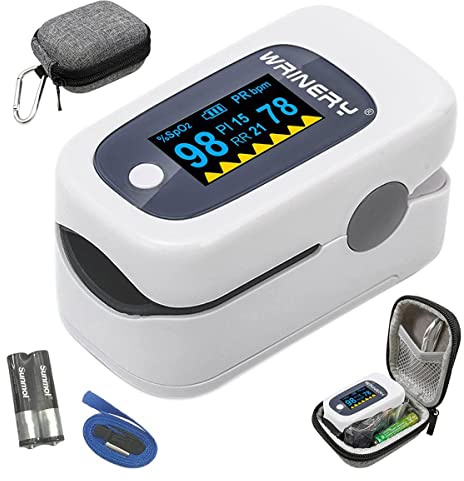 WRINERY Oxygen Saturation Monitor, Pulse Oximeter Fingertip, Oxygen Monitor, O2 Saturation Monitor, OLED Portable Oximetry with Batteries, Lanyard (Royal Black-Silver)