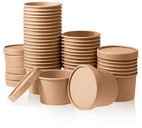 Paper Ice Cream Cups with Lids, 40-Pack 9-Oz Soup Cups with Lids, Disposable Ice Cream Containers, 9-Ounce, Kraft Brown