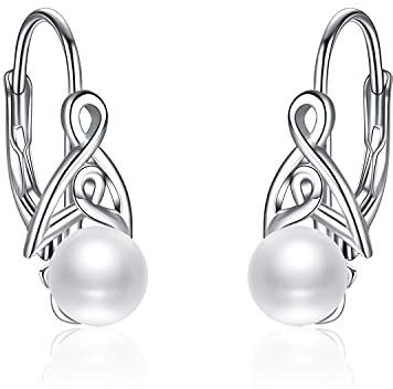 Perlen Ohrringe für Damen 925 Sterling Silber Irischer Keltischer Knoten Creolen Leverback Schmuck Geschenke für Mama Mutter Mädchen Freunde (Keltischer Knoten mit Perlen 1)
