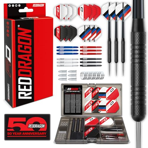 RED DRAGON Ultimate 50-teiliges Dartpfeile – 20g Steel-Tip Profi-Darts, Match-Gewichtete Dart-Barrels, XT Extra Dicke Flights, Verschiedene Schäfte & Zubehör