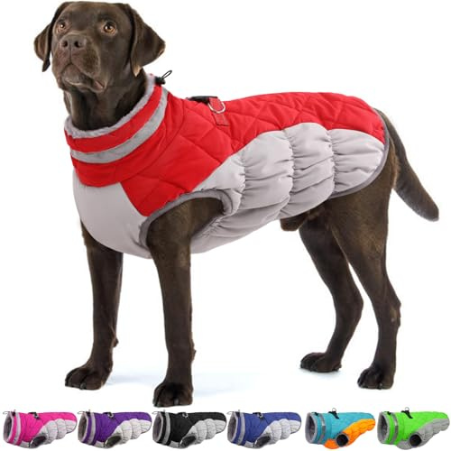 OUOBOB Dog Jackets for Large Dogs, Warm Dog Winter Coat with Harness, XL